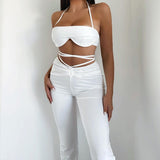 Llyge  Graduation party  Llyge 2023 Graduation party  Women's Tracksuit Solid Two Piece Pants Set 2023 Spring Summer New Bandage Halter Crop Tops High Waist Trousers Women's Clothing