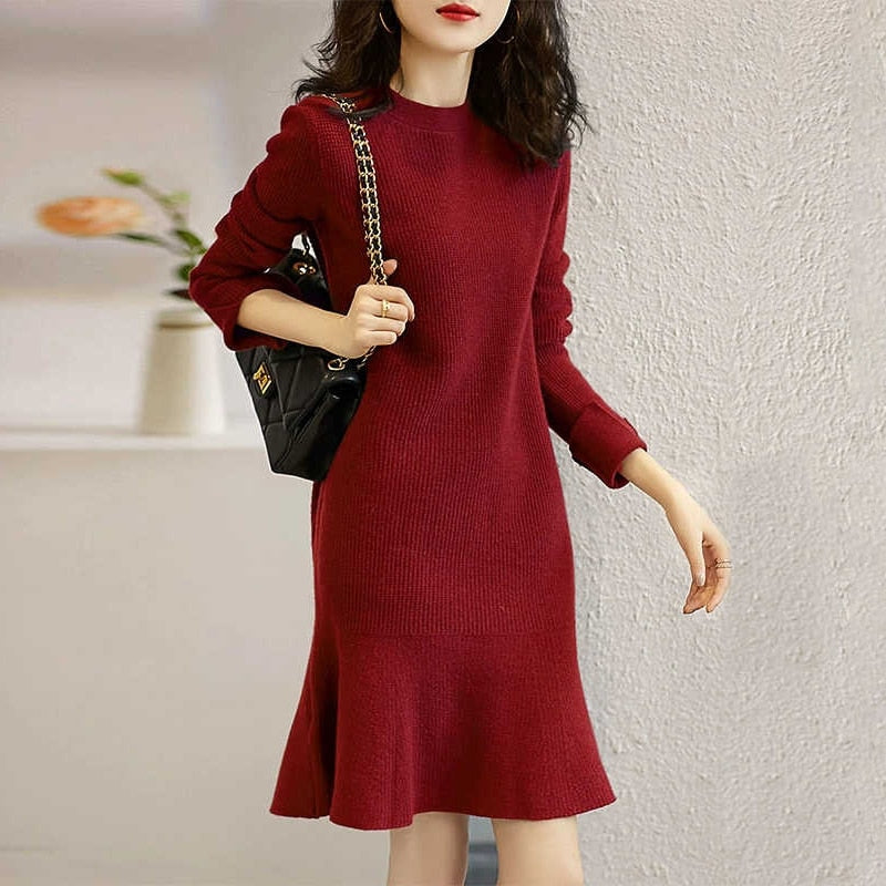 Llyge Red Knitted One-Piece Dresses For Women Autumn Winter 2023 Loose Women's Sweater Knit Dress Korean Fashion Midi Chic And Elegant