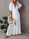 Llyge Summer Dress Beach Dress Single Breasted V Neck Backless Bikini Cover Up Elegant Clothes for Women White Dress Loose Robe