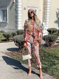 LLYGE 2022 Women Suits Boho Stain Oversized Long Shirts And High Waist Wide Leg Pants Floral Print 2 Pieces Suits Summer Sets