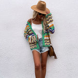 Llyge Elegant Rainbow Colored Long Sleeve Knit Cardigan Women Autumn Hollow Out Oversized Sweater Female Fashion Outerwear 2024