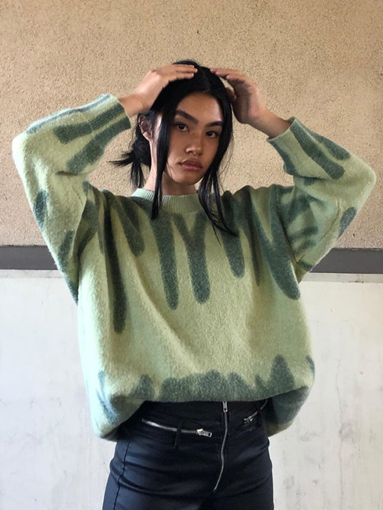Back To School  Elegant Green Striped Print Pullovers Women Winter O-Neck Loose Long Sweaters Streetwear Warm Outerwear 2023