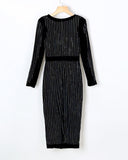 Llyge  2023 Women Fashion Elegant Stripes Binding Long Sleeve Sequin Party Dress  Round Neck Party Cocktail Sequins Dress