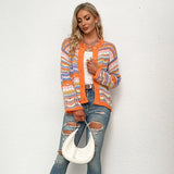 Back To School  Elegant Rainbow Colored Long Sleeve Knit Cardigan Women Autumn Hollow Out Oversized Sweater Female Fashion Outerwear 2023