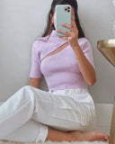 Back To School  Candy Color High Neck Ribbed Knitted T-Shirt Women  Short Sleeve Strench Tshirt Ladies Streetwear White Crop Top 2023