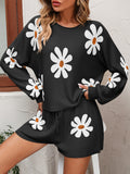 LLYGE Early Autumn New Floral Print Raglan Sleeve Knit Top and Tie Front Sweater Shorts Set