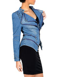 Llyge - Blue Casual Solid Zipper Turndown Collar Long Sleeve Regular Denim Jacket