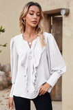 LLYGE 2023 Autumn New Fall Outfits Notched Neck Lantern Sleeve Ruffle Trim Blouse