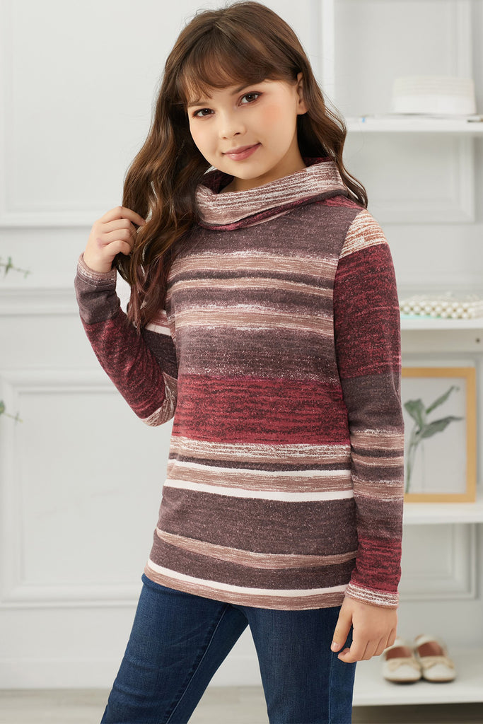 LLYGE 2023 Autumn New Fall Outfits Girls Striped Cowl Neck Top with Pockets