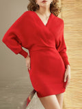 LLYGE 2024 Autumn New Fall Outfit  Surplice Neck Dolman Sleeve Sweater Dress