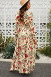 LLYGE Floral Frill Trim Flounce Sleeve Plunge Maxi Dress