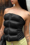 Llyge Black Casual Solid Patchwork Backless Zipper Strapless Tops