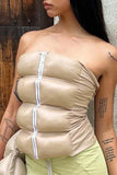Llyge Khaki Casual Solid Patchwork Backless Zipper Strapless Tops