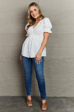 LLYGE  Full Size V-Neck Puff Sleeve Button Down Top