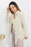 LLYGE 2024 Autumn New Fall Outfits Full Size Distressed Button Down Denim Jacket in Sand