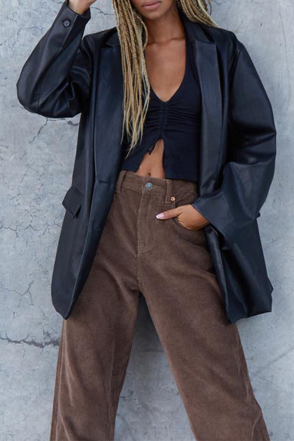 Llyge - Black Fashion Elegant Solid Pocket Buckle Turn-back Collar Outerwear
