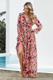 LLYGE Floral Frill Trim Flounce Sleeve Plunge Maxi Dress