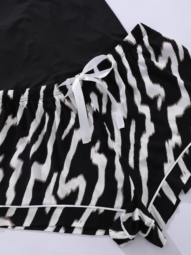 llyge Plus Size Lace Trim Scoop Neck Cami and Printed Shorts Pajama Set