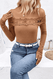 LLYGE 2023 Autumn New Fall Outfits Off-Shoulder Lace Trim Ribbed Tee