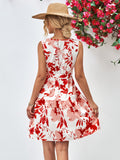 LLYGE Floral V-Neck Tie Waist Sleeveless Dress