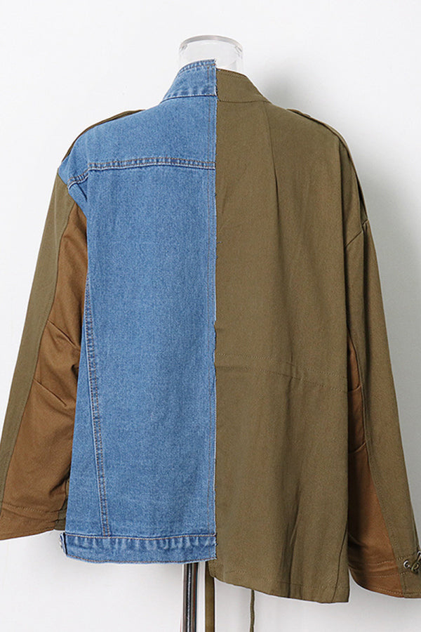 Llyge - Army Green Casual Print Patchwork Turndown Collar Long Sleeve Regular Denim Jacket